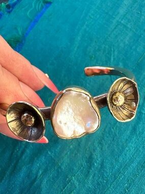 Handmade Brass Cuff Bracelet with Pearl Accent